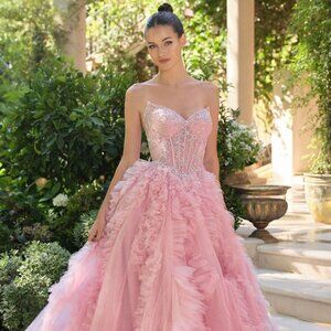 New Maxi Prom Ruffled Dress w/ Beads Embroidery & Sheer Boned Bodice CD A1483